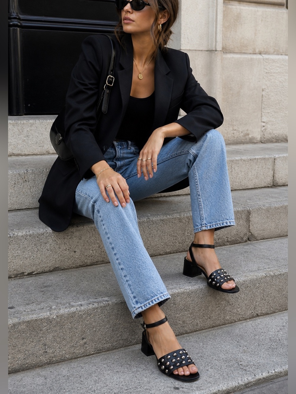 Napoleoni Studded Leather Block Heel Sandals | Y2K Moto Black Silver Heels